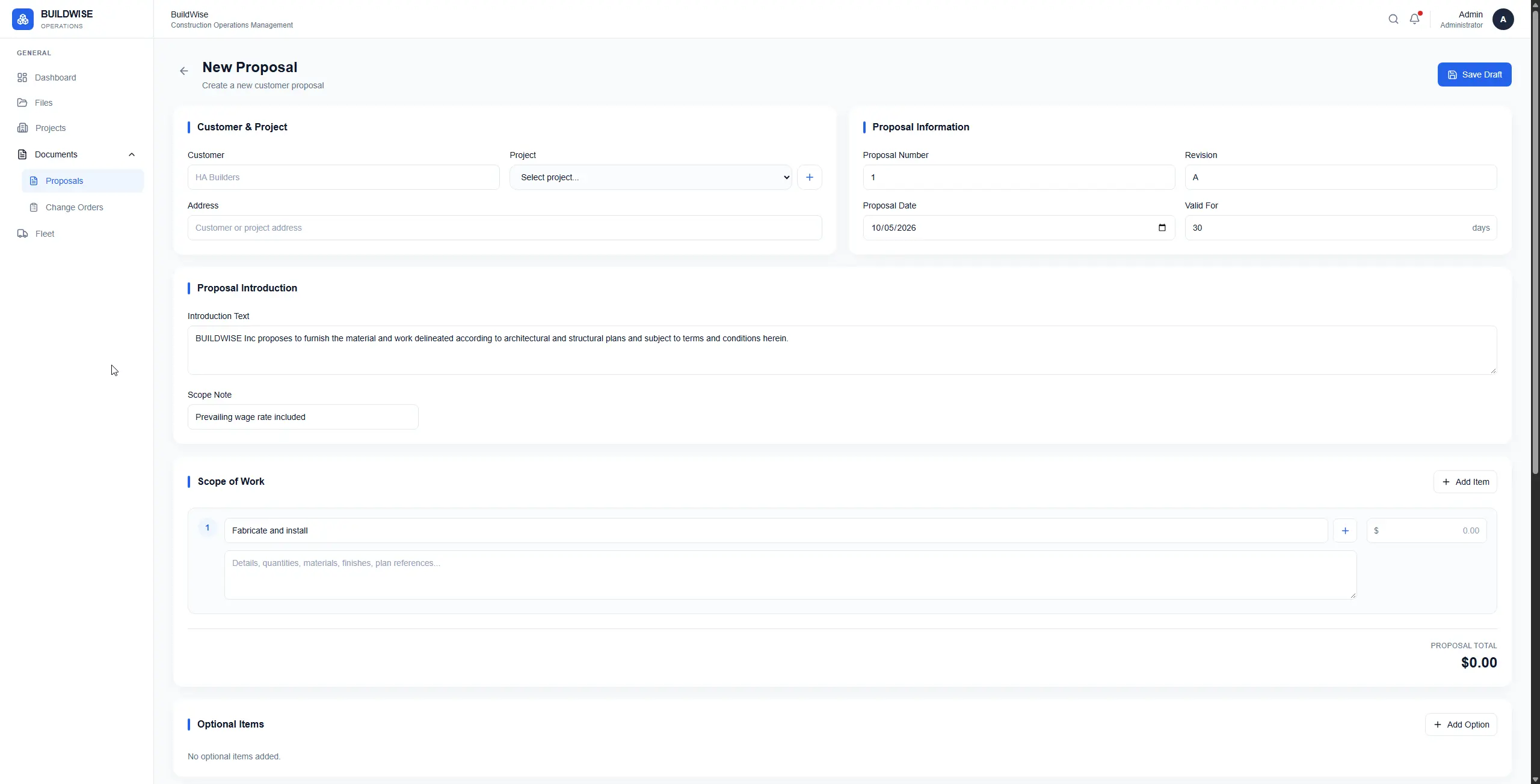 BuildWise construction operations proposal management system
