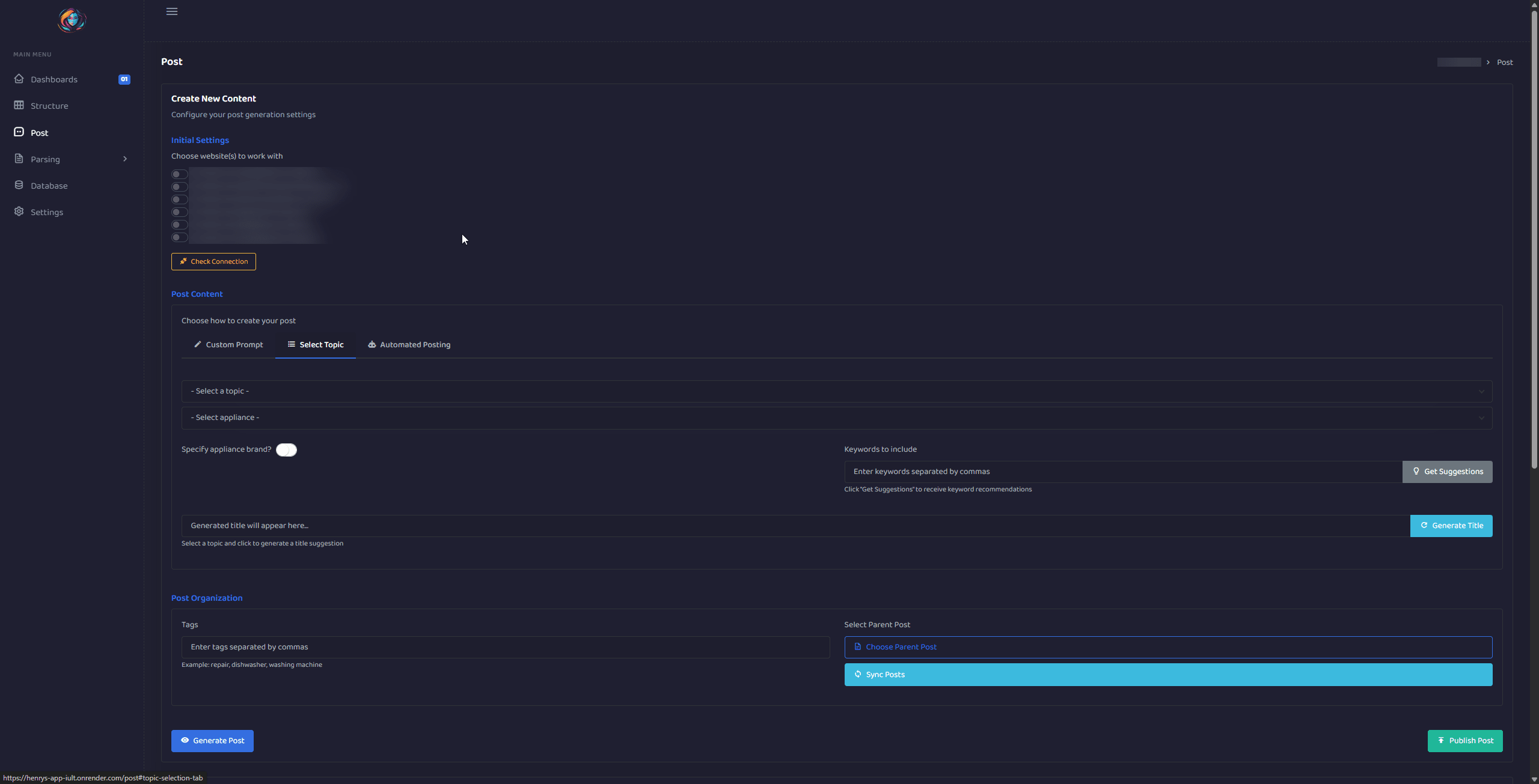 SEO content generation and multi-site publishing interface