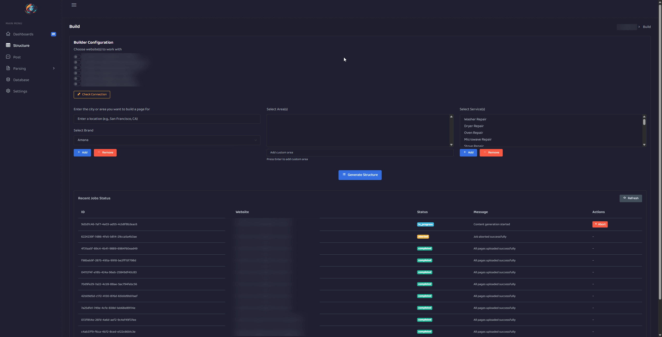 Custom SEO platform generating website service and location structure